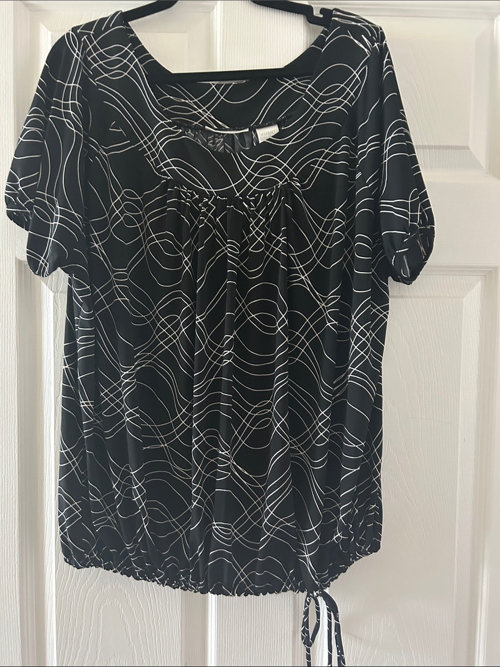 Worthington Black and White Loop-Print Drawstring Blouse